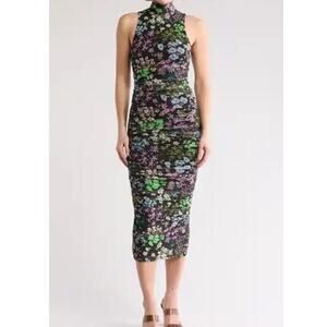 REVOLVE AFRM Sleeveless Mockneck Midi Bodycon Black Floral Size Medium NWT